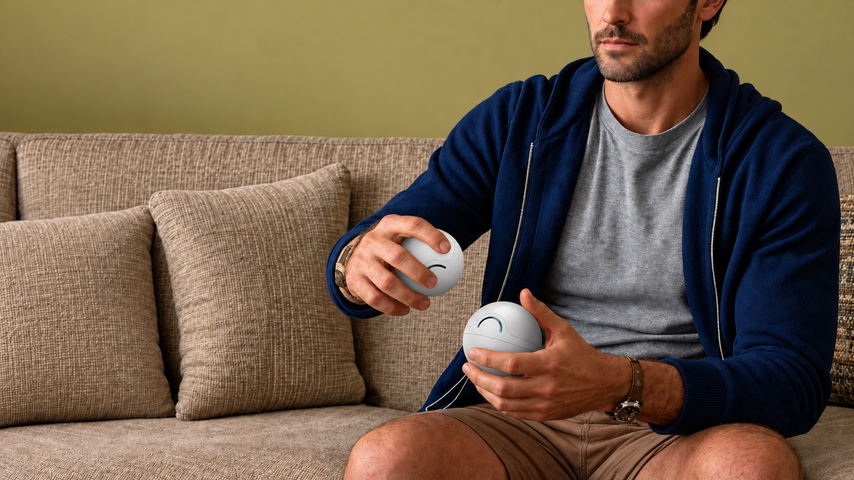 GyrO concept visualization of a seated person holding two spherical controllers